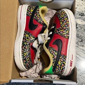 Nike Force 1 “Black Green Spark” Red and Black Patterned Sneakers